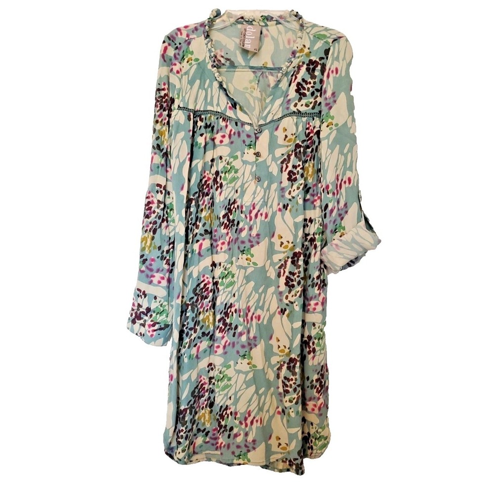 Dolan XS Womens Blue Multicolor Abstract Ruffle Neck Button Front Tunic Dress
